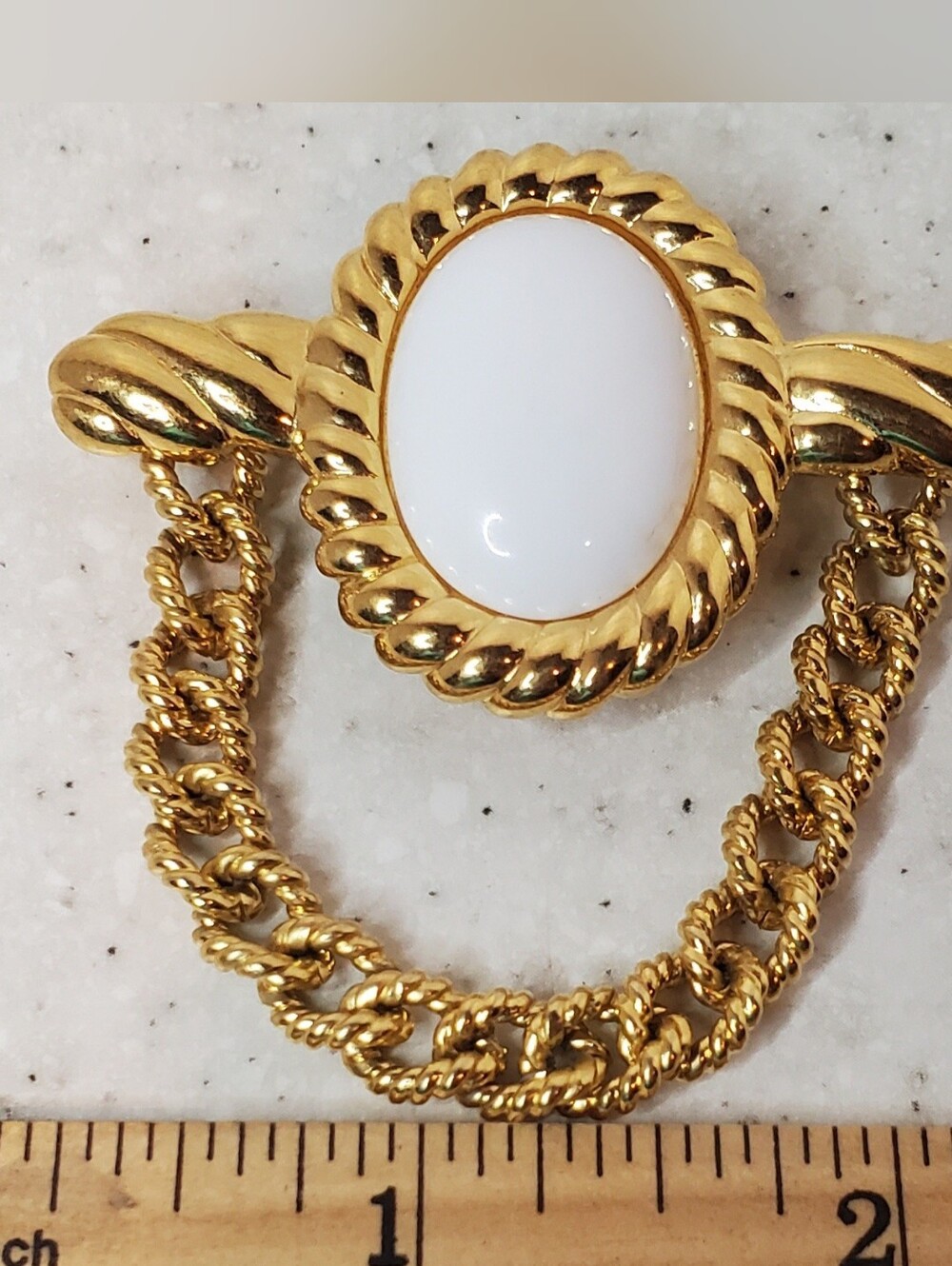Vintage Monet Gold Tone White Cabochon Chain Brooch Pin Rope Border Grandmacore